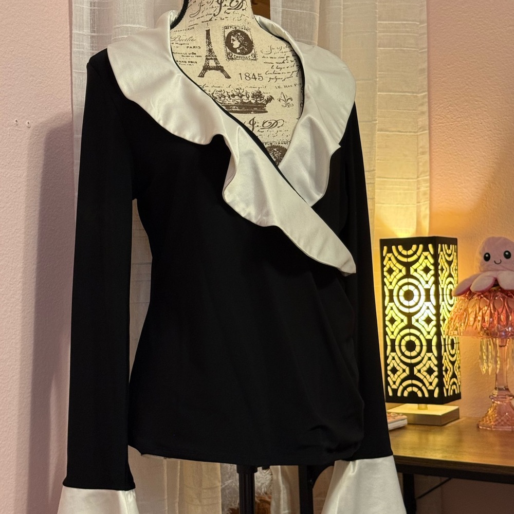 White House Black Market Black Blouse with White Ruffle